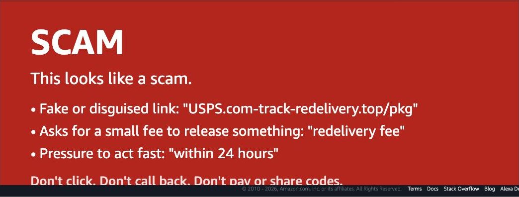An Echo Show screen showing a red card that says SCAM, with the reasons listed